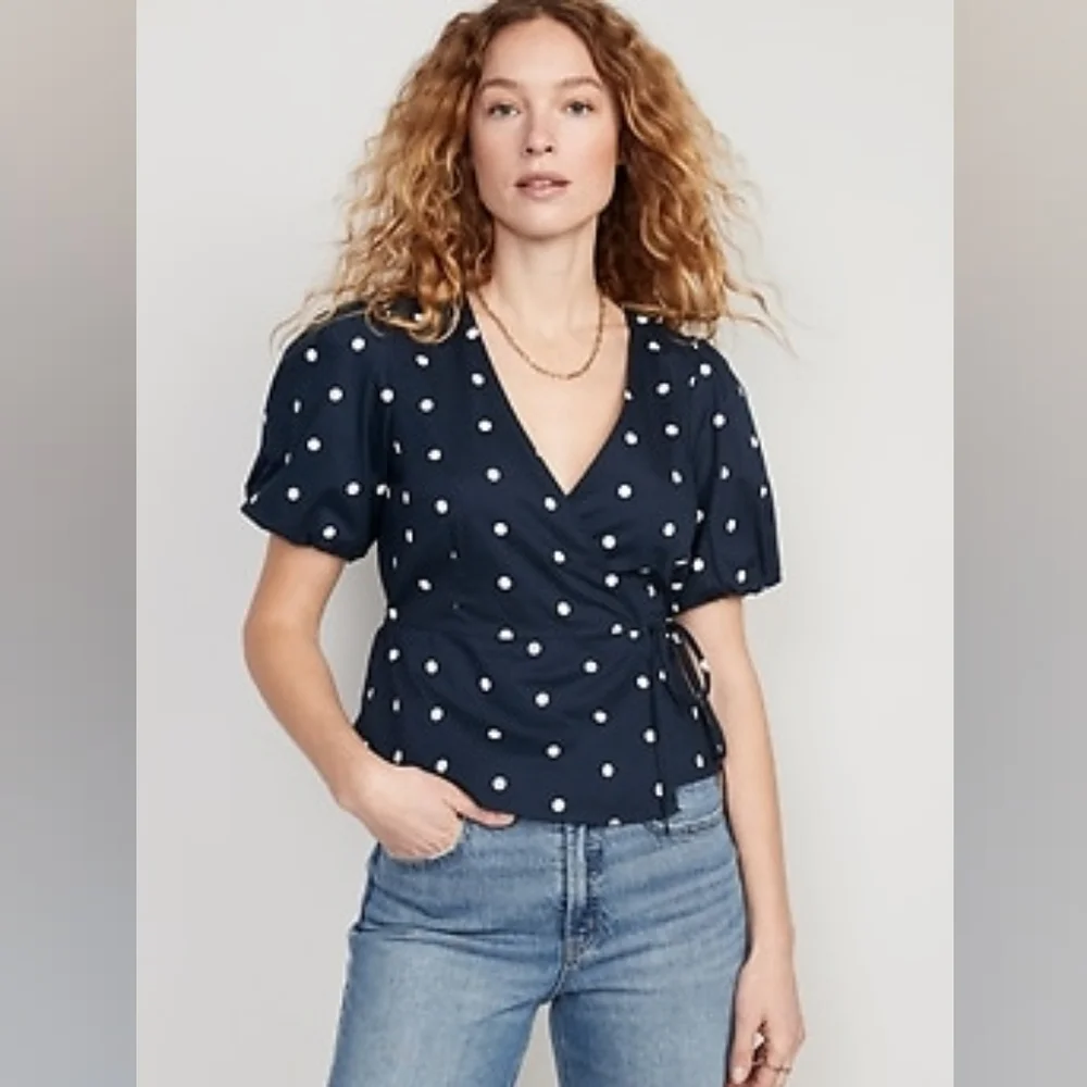 Old Navy Waist-Defined Puff-Sleeve Tie-Wrap Blouse